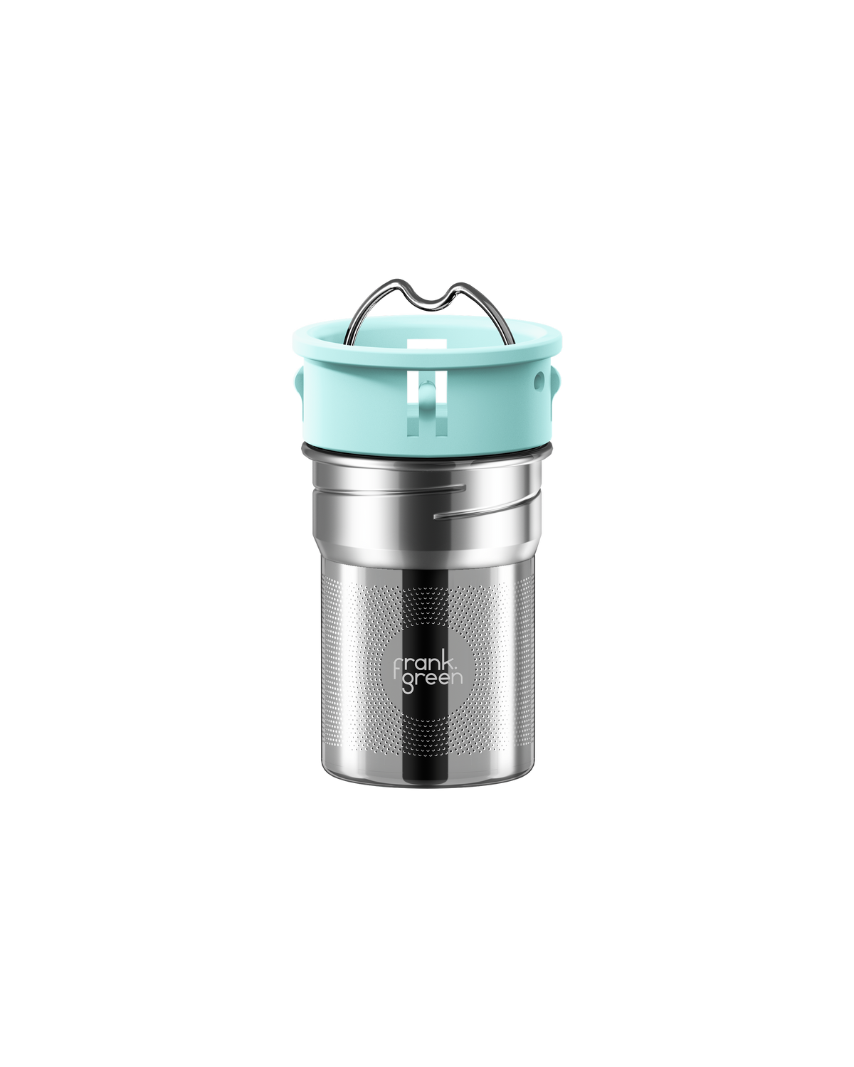 A stainless steel travel tumbler with a mint green lid and carrying handle, featuring the 'frank grill' logo on the front, set against a solid white background.