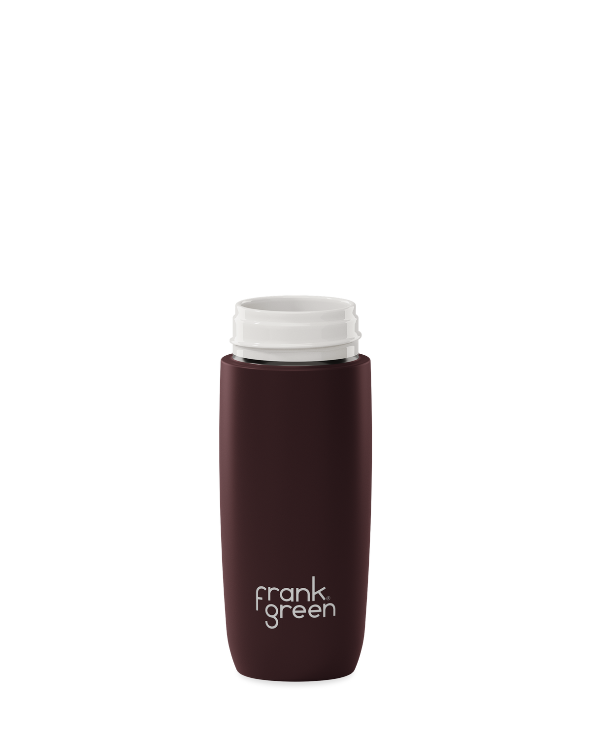 A dark brown 12oz frank green Edition II water bottle base with a white threaded neck and the 'frank green' logo near the bottom, shown without a lid on a plain white background.