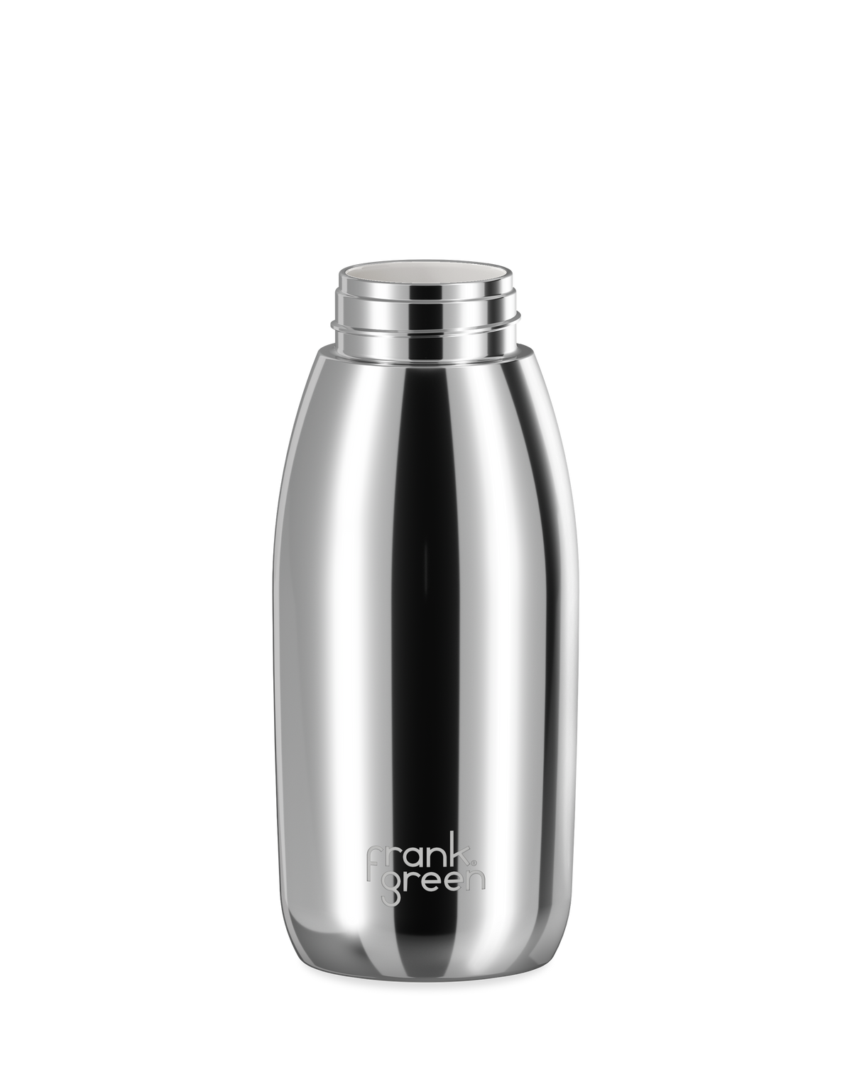 A polished stainless steel 34oz frank green Edition II water bottle base with a white threaded neck and the 'frank green' logo near the bottom, shown without a lid on a plain white background.