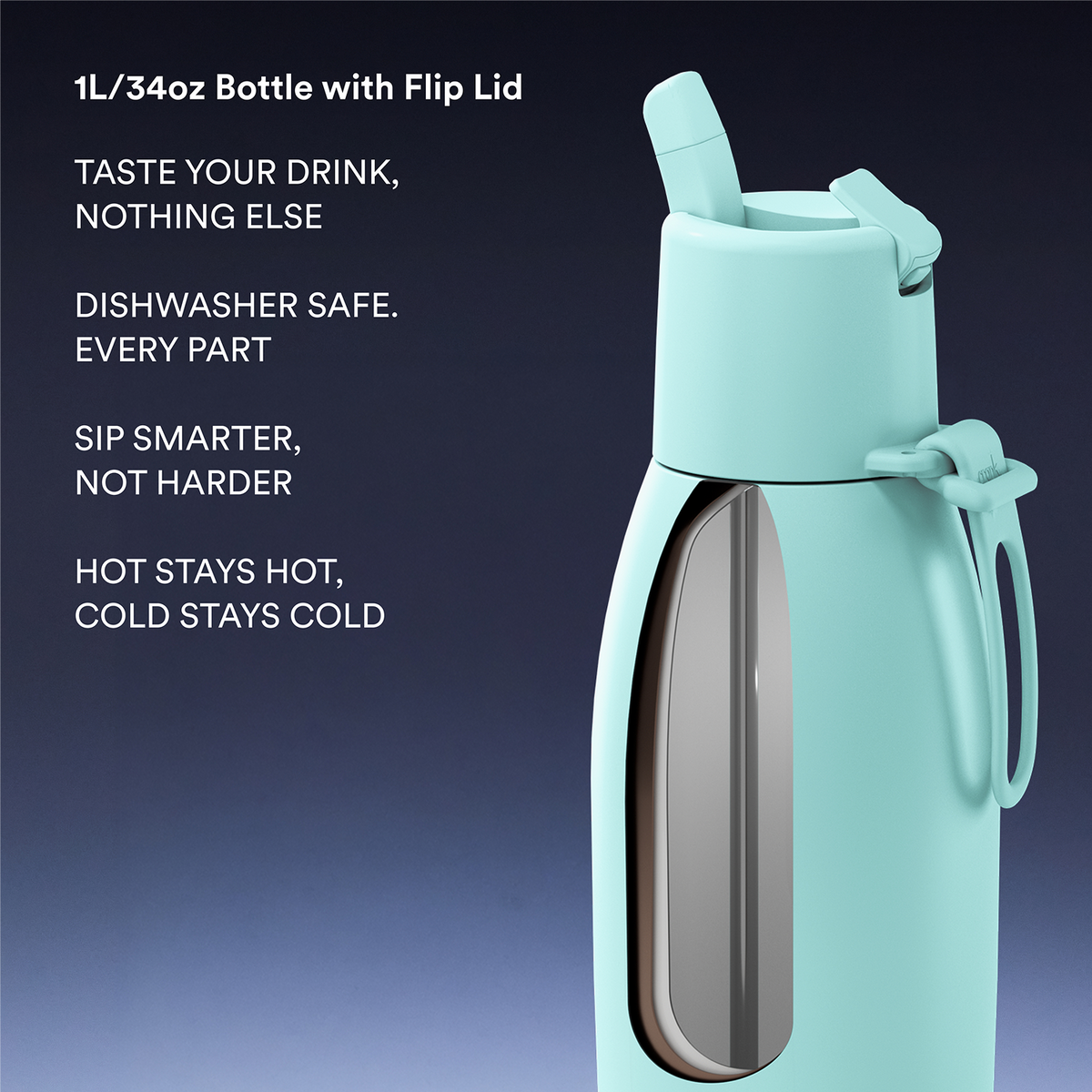 A mint green insulated bottle with a flip spout lid and carrying loop, shown on a dark blue gradient background with marketing text describing features like dishwasher safety and hot/cold retention.
