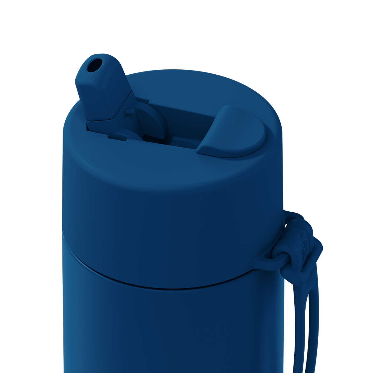 Close-up of a matte dark blue insulated bottle with a flip-top lid and carrying loop on a solid white background.
