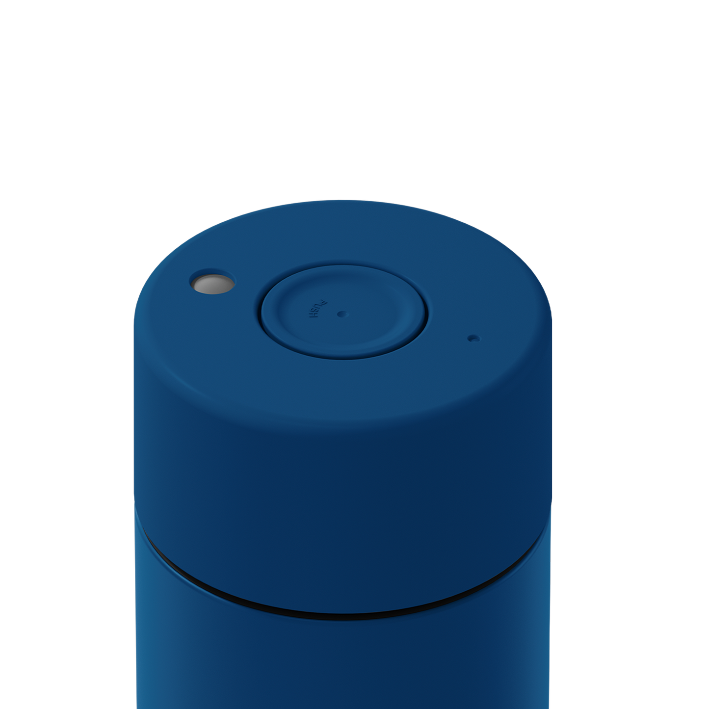 Close-up of the top of a blue cylindrical container or device with a circular button, a small light, and a small port on a white background.