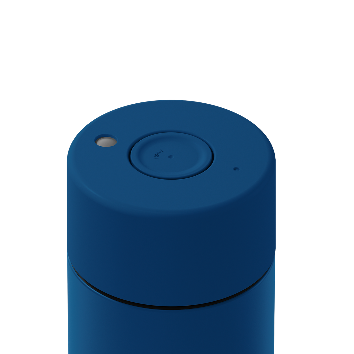 Close-up of the top of a blue cylindrical container or device with a circular button, a small light, and a small port on a white background.