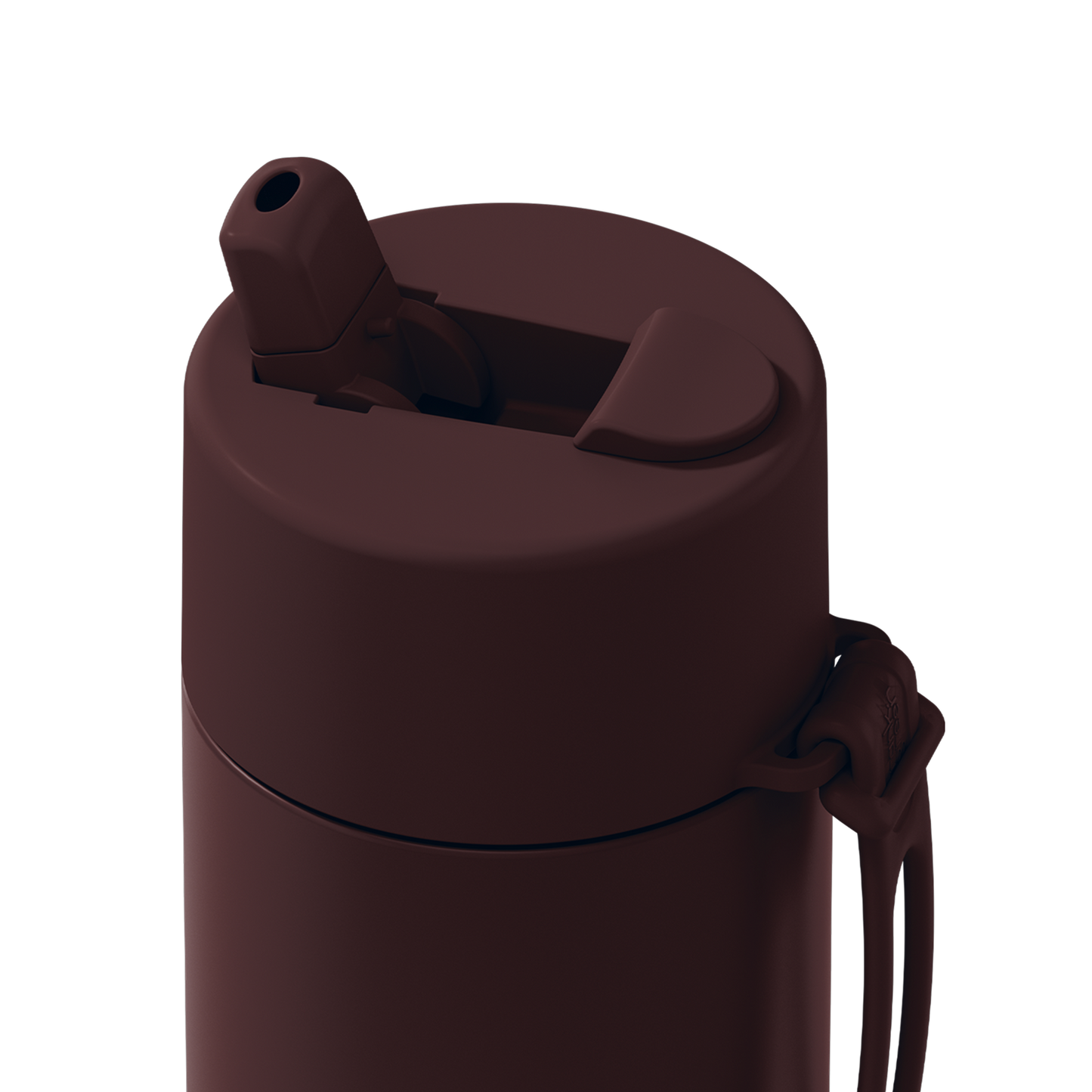 Close-up of a dark brown insulated water bottle with a flip-straw lid and carrying strap on a solid white background.
