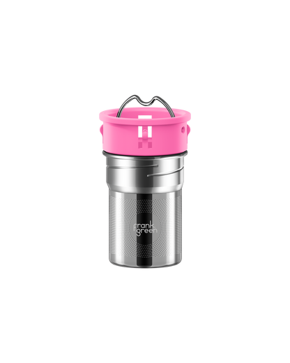 A stainless steel travel tumbler with a bright pink lid and handle, shown on a solid white background. The brand name 'frank grill' is printed on the front of the cup.
