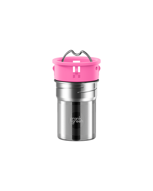 All | A stainless steel travel tumbler with a bright pink lid and handle, shown on a solid white background. The brand name 'frank grill' is printed on the front of the cup.