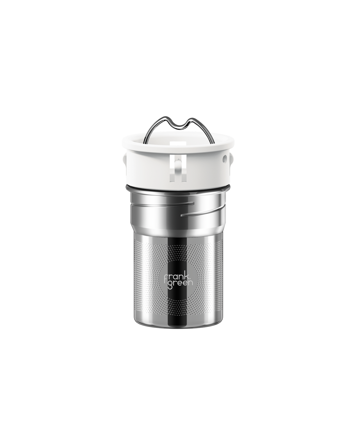 A stainless steel travel tumbler with a white lid and a black handle, featuring the 'frank grill' logo on the front, set against a solid white background.
