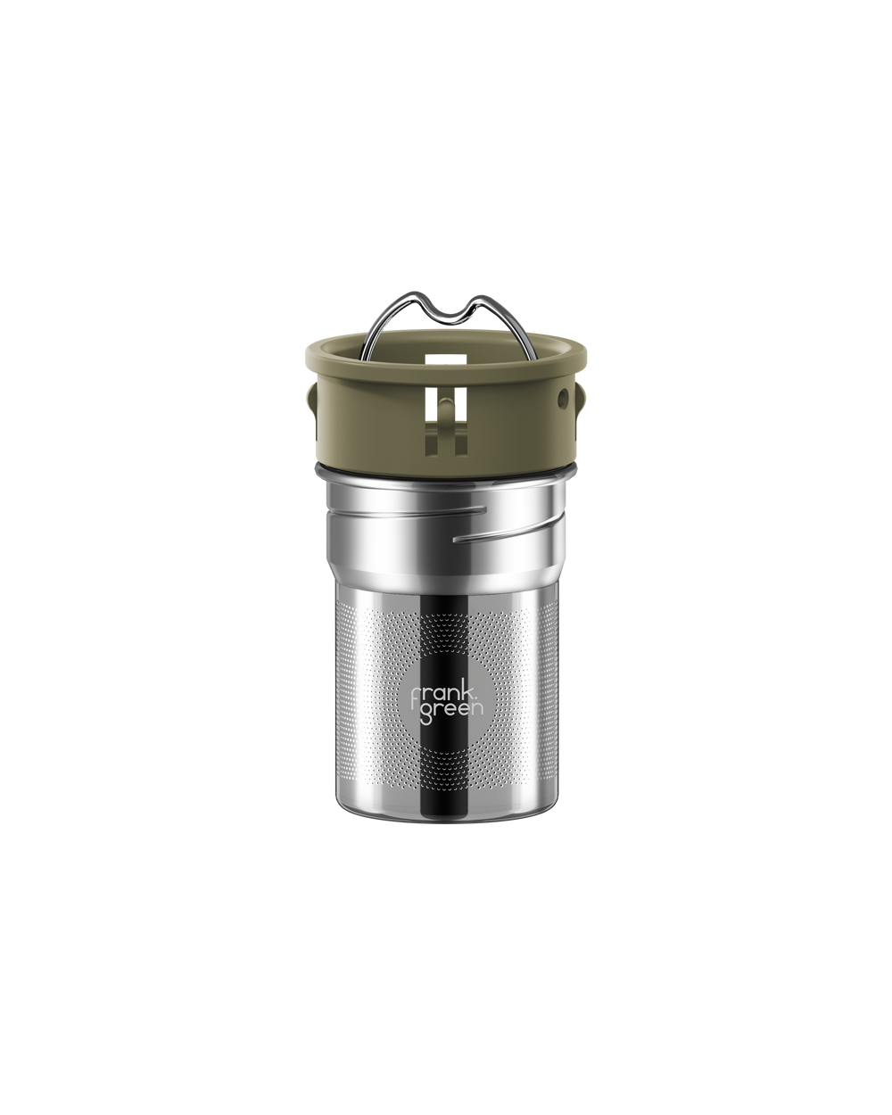 A stainless steel travel tumbler with an olive green lid and handle, featuring the 'frank grill' logo on the front, set against a solid white background.