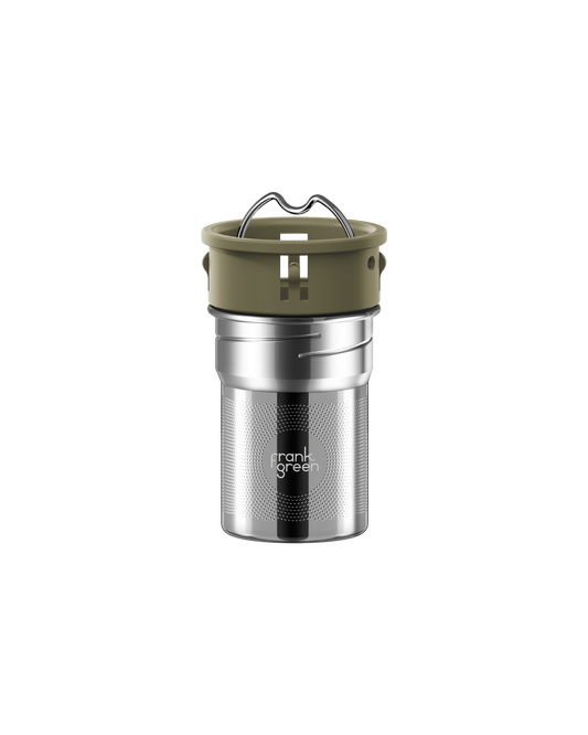All | A stainless steel travel tumbler with an olive green lid and handle, featuring the 'frank grill' logo on the front, set against a solid white background.