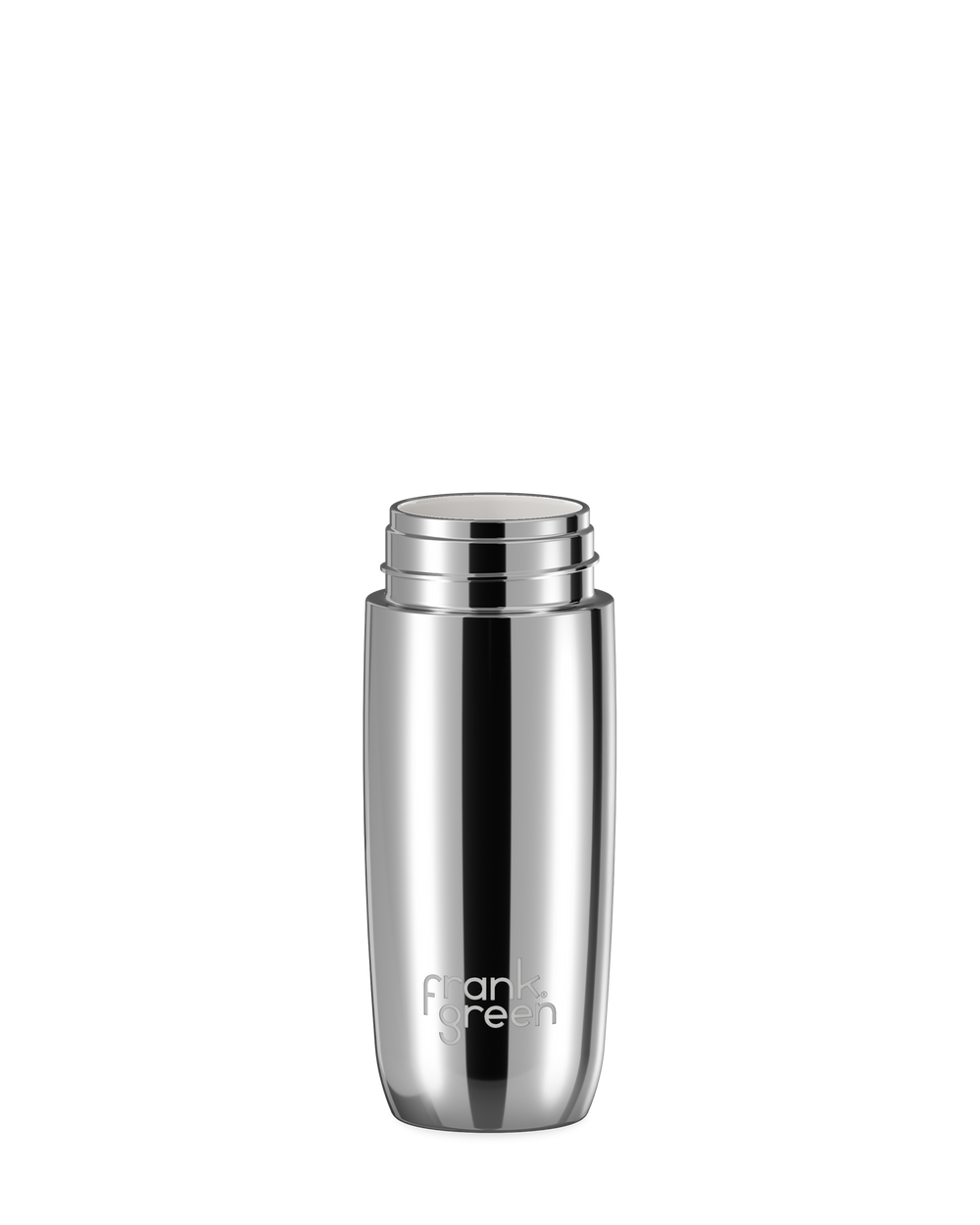 A polished stainless steel 12oz frank green Edition II water bottle base with a white threaded neck and the 'frank green' logo near the bottom, shown without a lid on a plain white background.