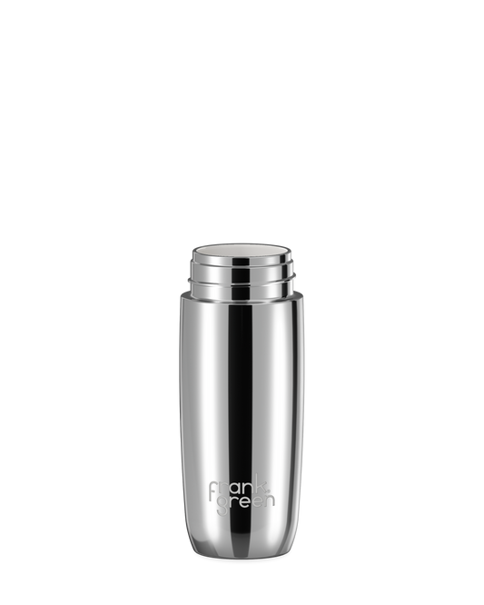 A polished stainless steel 12oz frank green Edition II water bottle base with a white threaded neck and the 'frank green' logo near the bottom, shown without a lid on a plain white background.