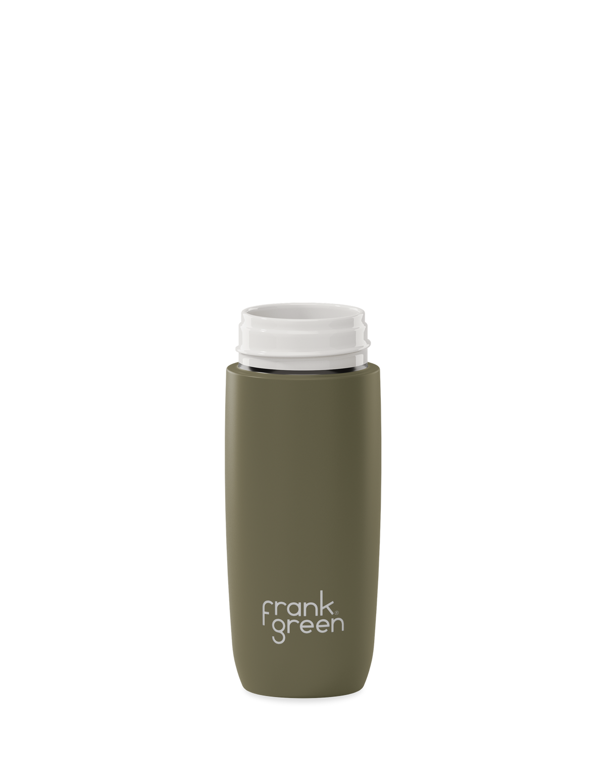 An olive green 12oz frank green Edition II water bottle base with a white threaded neck and the 'frank green' logo near the bottom, shown without a lid on a plain white background.