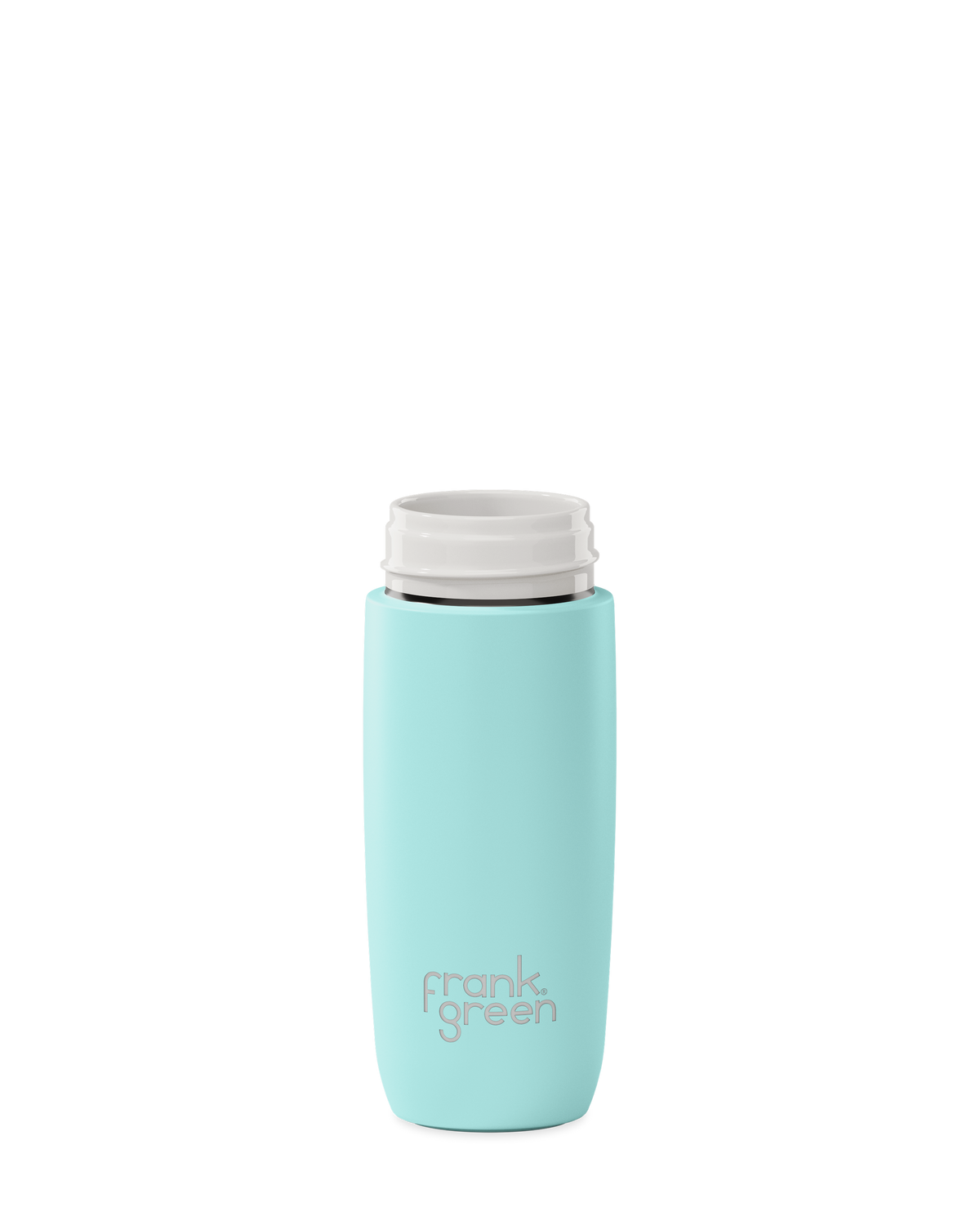 A mint green 12oz frank green Edition II water bottle base with a white threaded neck and the 'frank green' logo near the bottom, shown without a lid on a plain white background.
