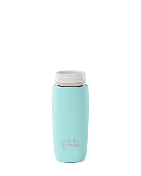 A mint green 12oz frank green Edition II water bottle base with a white threaded neck and the 'frank green' logo near the bottom, shown without a lid on a plain white background.