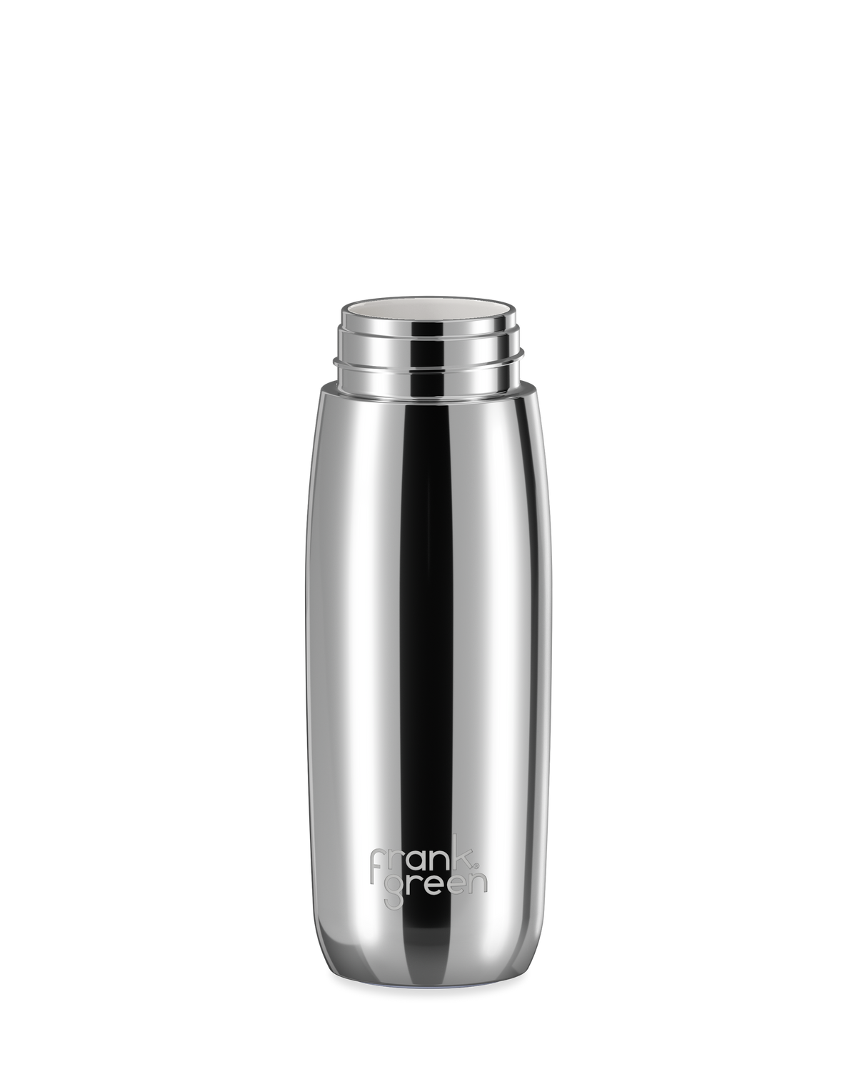 A polished stainless steel 20oz frank green Edition II water bottle base with a white threaded neck and the 'frank green' logo near the bottom, shown without a lid on a plain white background.