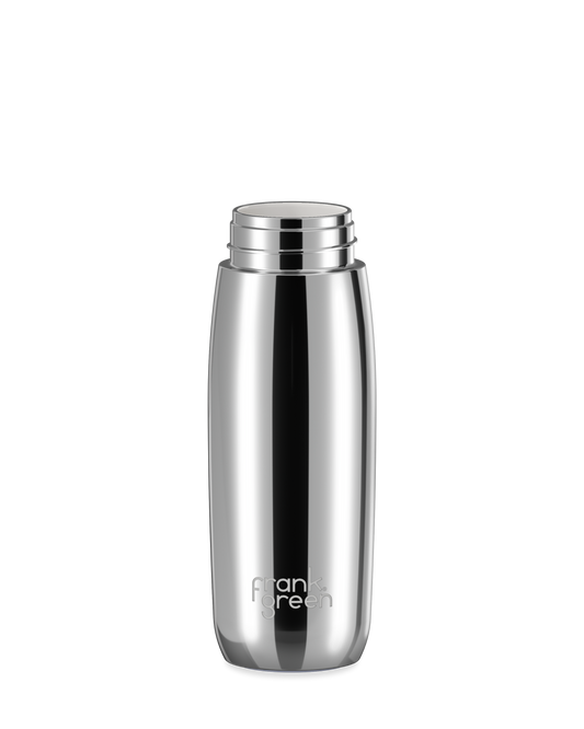 A polished stainless steel 20oz frank green Edition II water bottle base with a white threaded neck and the 'frank green' logo near the bottom, shown without a lid on a plain white background.