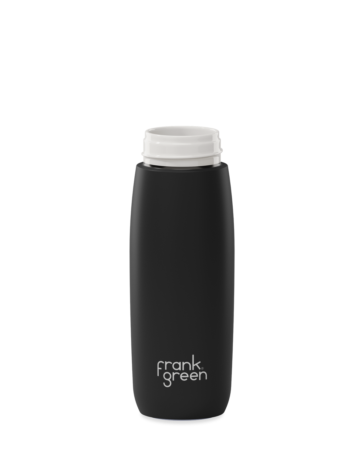 A matte black 20oz frank green Edition II water bottle base with a white threaded neck and the 'frank green' logo near the bottom, shown without a lid on a plain white background.