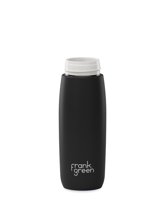A matte black 20oz frank green Edition II water bottle base with a white threaded neck and the 'frank green' logo near the bottom, shown without a lid on a plain white background.
