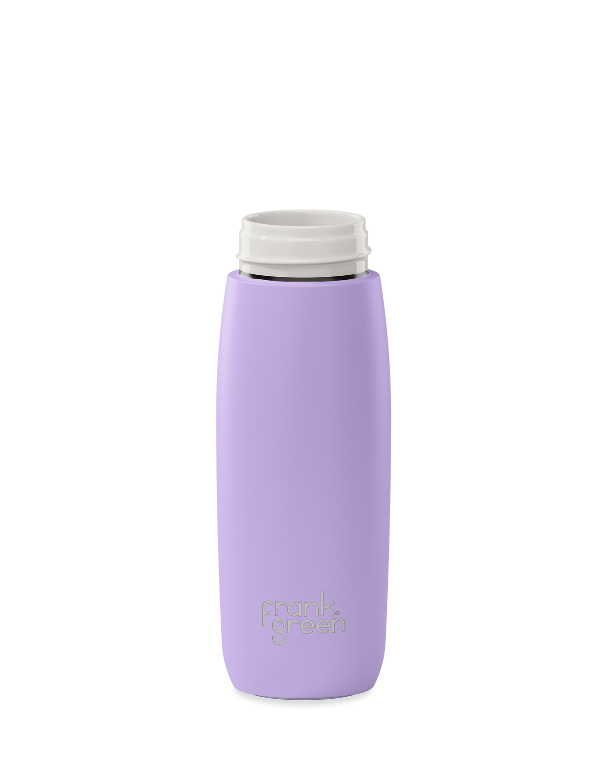 A lavender purple 20oz frank green Edition II water bottle base with a white threaded neck and the 'frank green' logo near the bottom, shown without a lid on a plain white background.