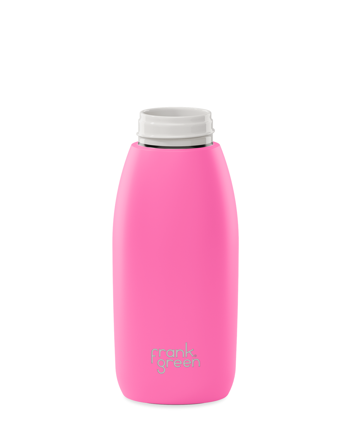 A bright pink 34oz frank green Edition II water bottle base with a white threaded neck and the 'frank green' logo near the bottom, shown without a lid on a plain white background.