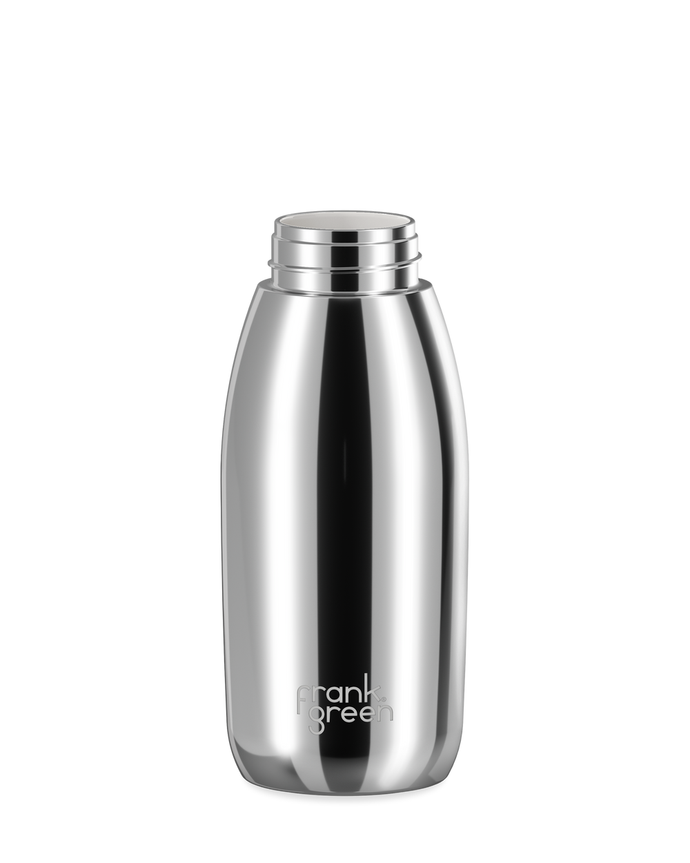A polished stainless steel 34oz frank green Edition II water bottle base with a white threaded neck and the 'frank green' logo near the bottom, shown without a lid on a plain white background.