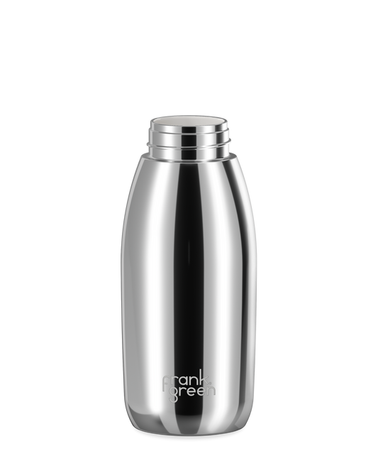 A polished stainless steel 34oz frank green Edition II water bottle base with a white threaded neck and the 'frank green' logo near the bottom, shown without a lid on a plain white background.