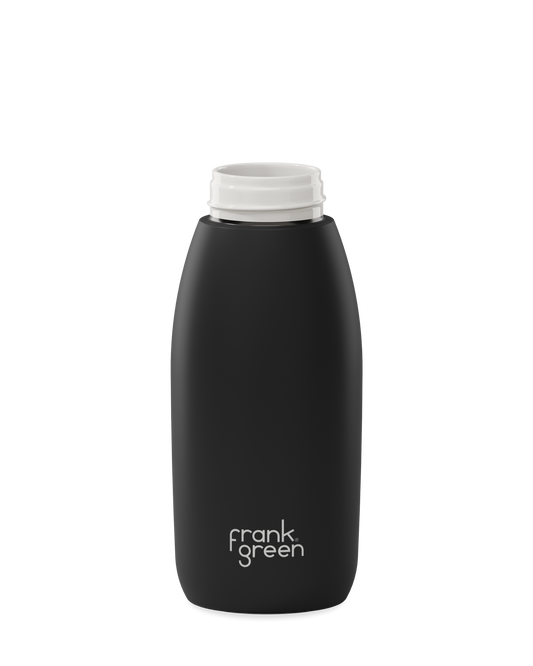 A matte black 34oz frank green Edition II water bottle base with a white threaded neck and the 'frank green' logo near the bottom, shown without a lid on a plain white background.
