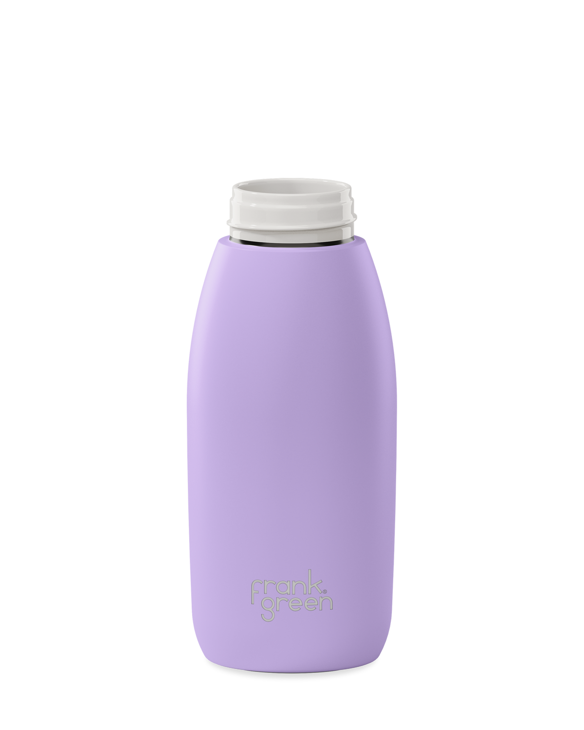 A lavender purple 34oz frank green Edition II water bottle base with a white threaded neck and the 'frank green' logo near the bottom, shown without a lid on a plain white background.
