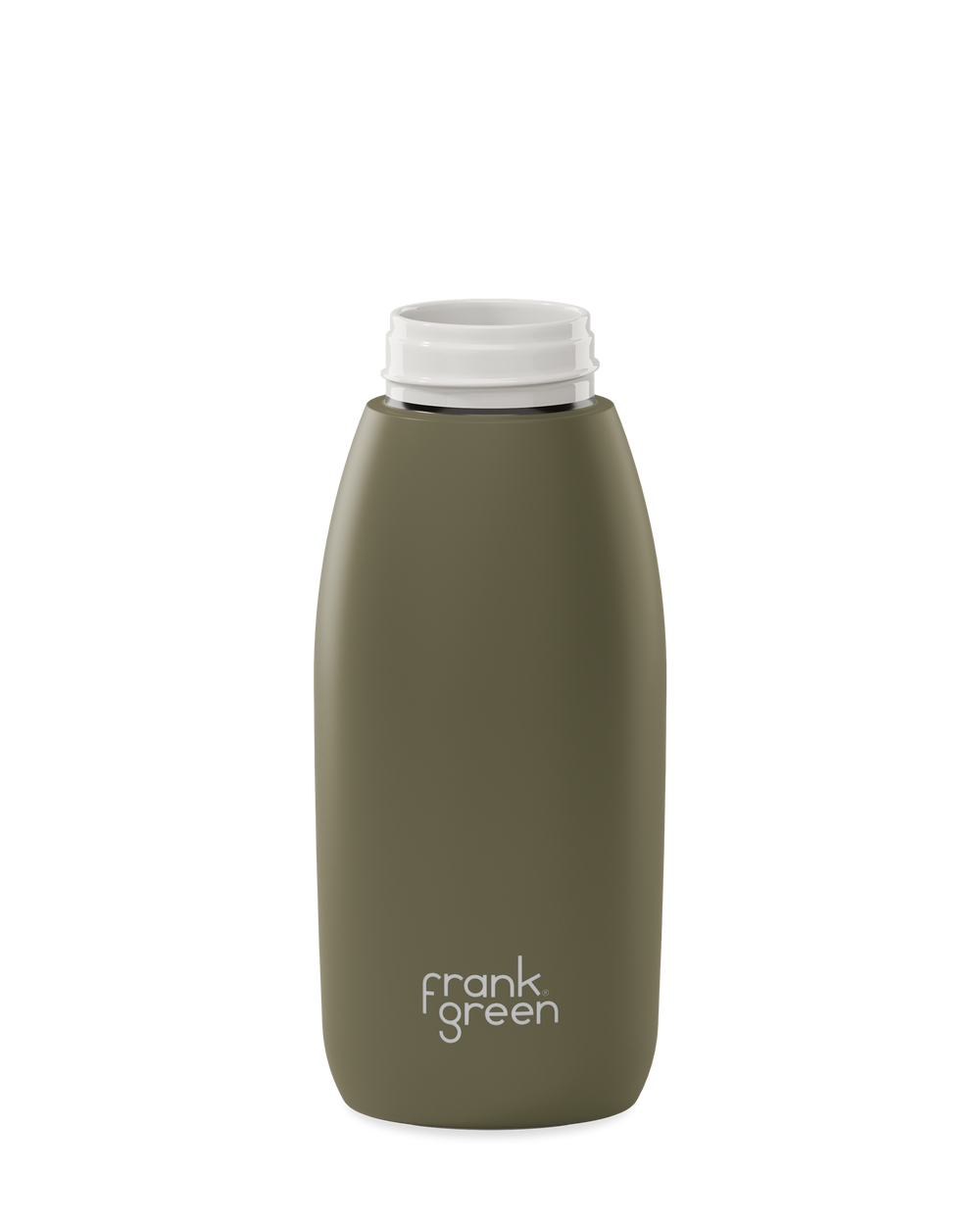 An olive green 34oz frank green Edition II water bottle base with a white threaded neck and the 'frank green' logo near the bottom, shown without a lid on a plain white background.