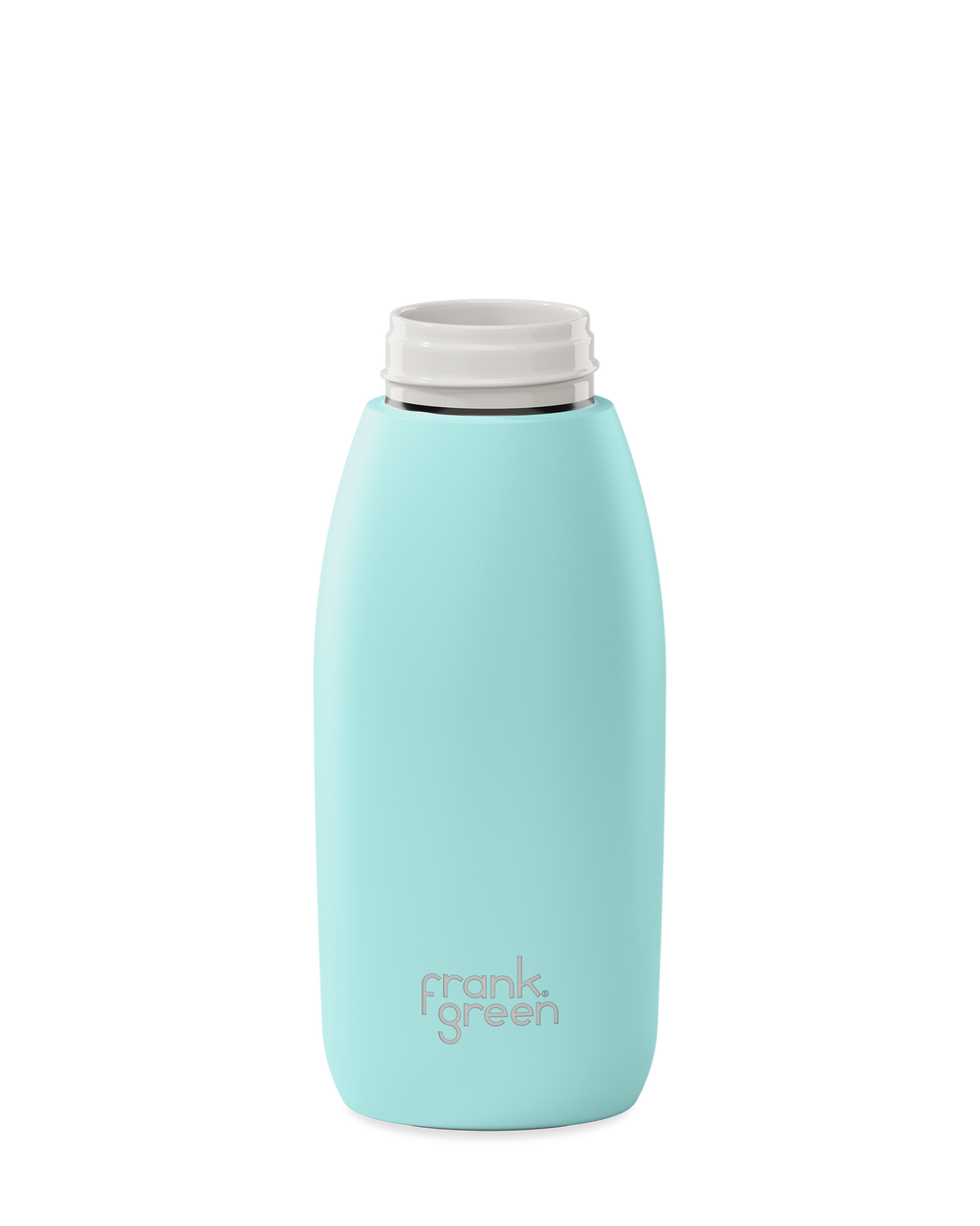 A mint green 34oz frank green Edition II water bottle base with a white threaded neck and the 'frank green' logo near the bottom, shown without a lid on a plain white background.