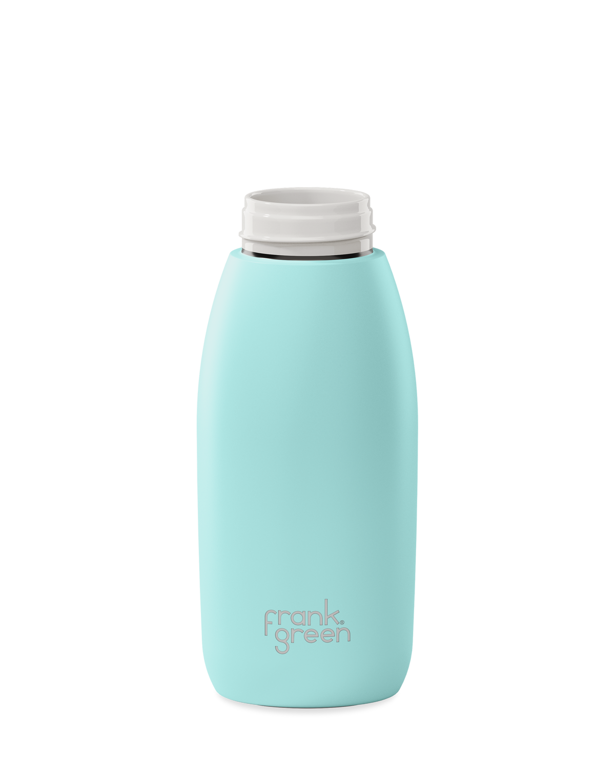A mint green 34oz frank green Edition II water bottle base with a white threaded neck and the 'frank green' logo near the bottom, shown without a lid on a plain white background.