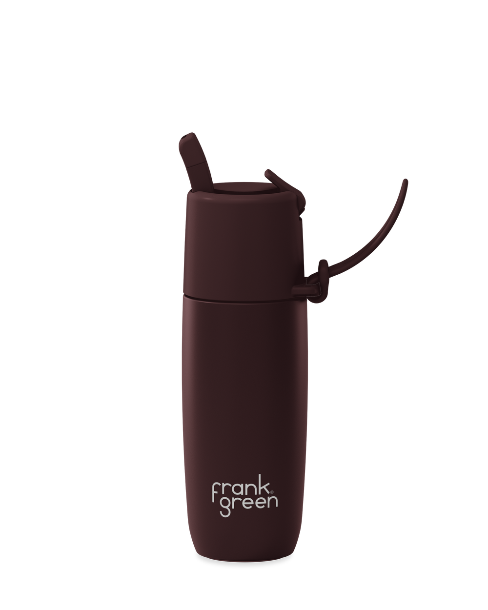A dark brown vacuum-insulated tumbler with a matching brown lid and carry loop, featuring the white 'frank green' logo near the bottom, shown on a solid white background.