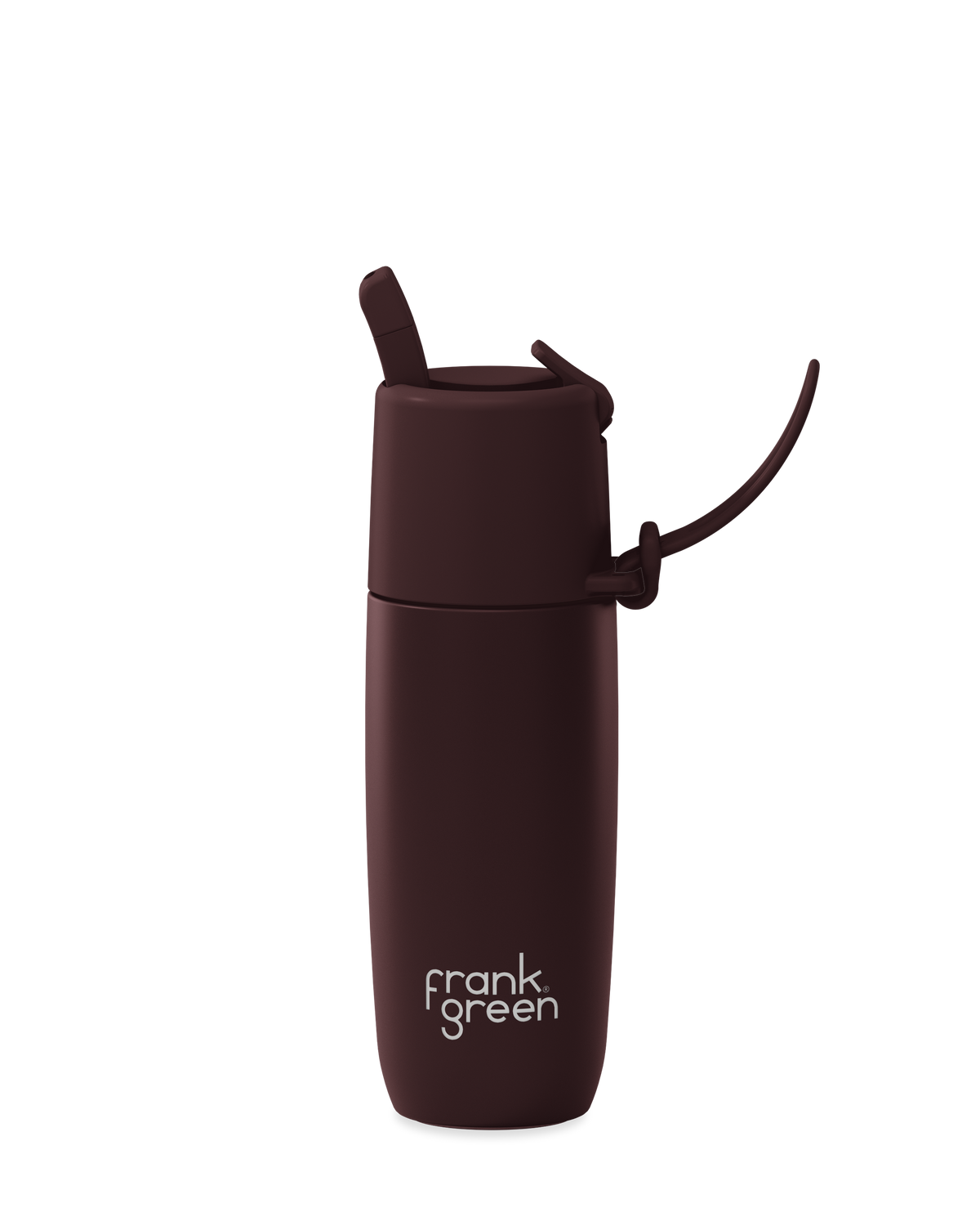 A dark brown vacuum-insulated tumbler with a matching brown lid and carry loop, featuring the white 'frank green' logo near the bottom, shown on a solid white background.