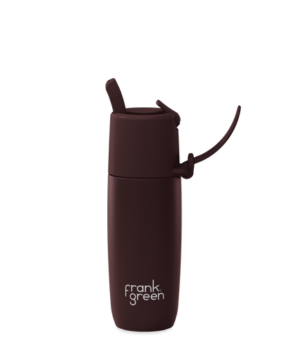 A dark brown vacuum-insulated tumbler with a matching brown lid and carry loop, featuring the white 'frank green' logo near the bottom, shown on a solid white background.