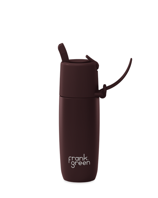 A dark brown vacuum-insulated tumbler with a matching brown lid and carry loop, featuring the white 'frank green' logo near the bottom, shown on a solid white background.