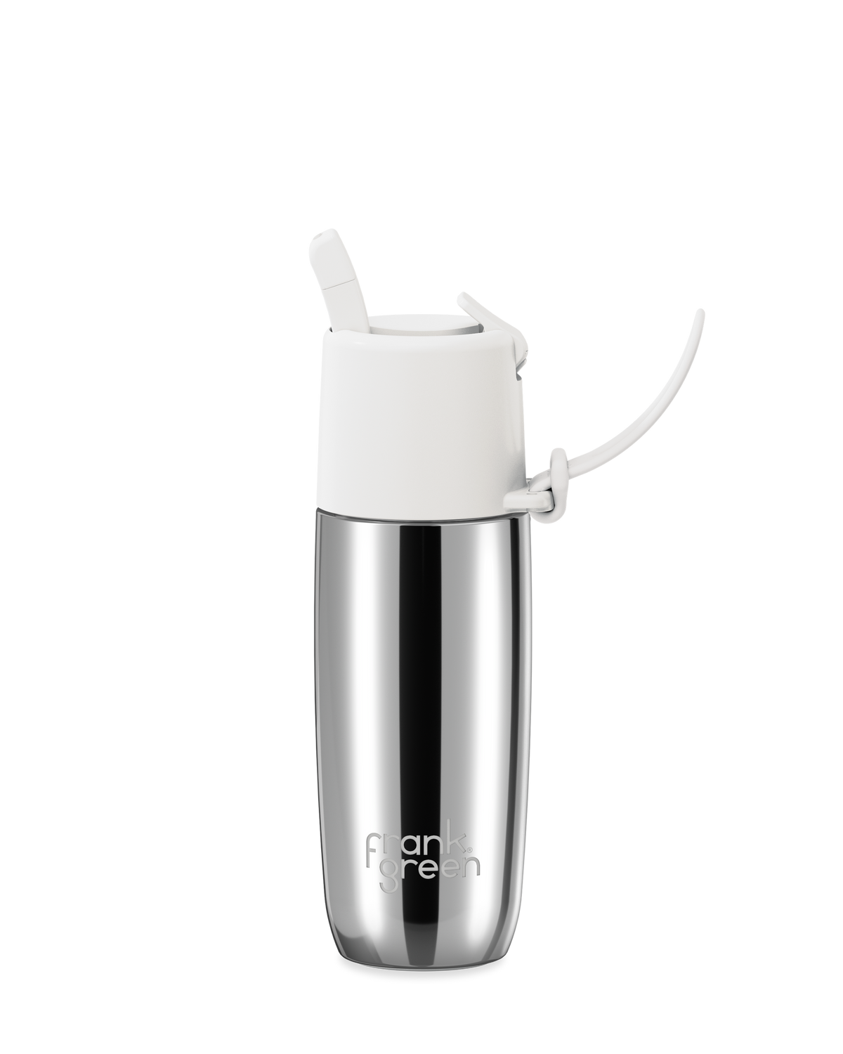 A stainless steel water bottle with a white flip-top lid and carrying loop, featuring the 'flavour fresh' logo near the bottom, set against a plain white background.
