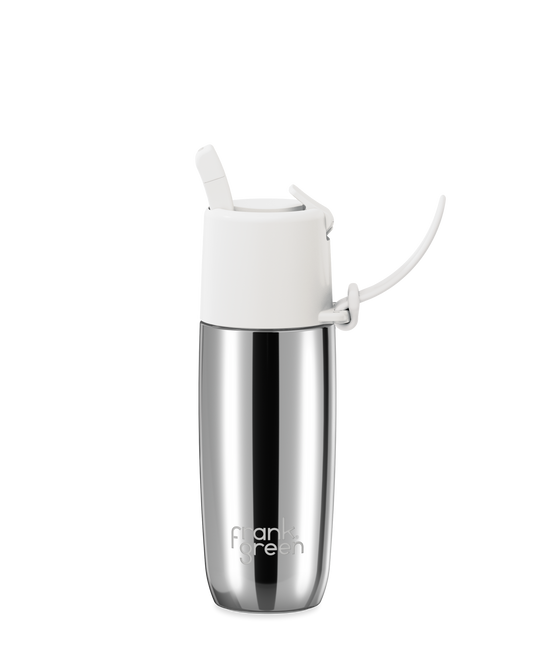 A stainless steel water bottle with a white flip-top lid and carrying loop, featuring the 'flavour fresh' logo near the bottom, set against a plain white background.