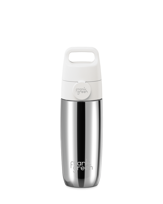 Chrome Silver | A polished stainless steel 12oz insulated water bottle with a white Grip & Sip lid and built-in carry handle.