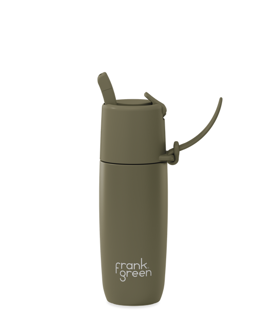An olive green insulated water bottle with a flip-top lid and carrying loop, featuring the 'frank green' logo near the bottom, set against a plain white background.