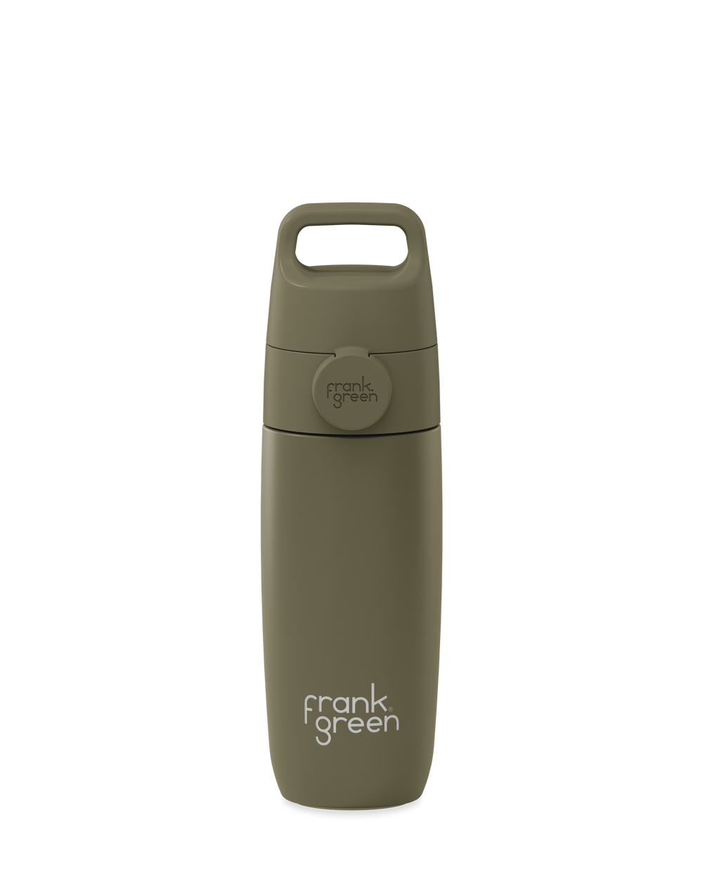 An olive green 12oz insulated water bottle with a Grip & Sip lid and built-in carry handle.