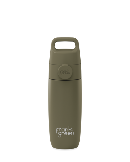 An olive green 12oz insulated water bottle with a Grip & Sip lid and built-in carry handle.