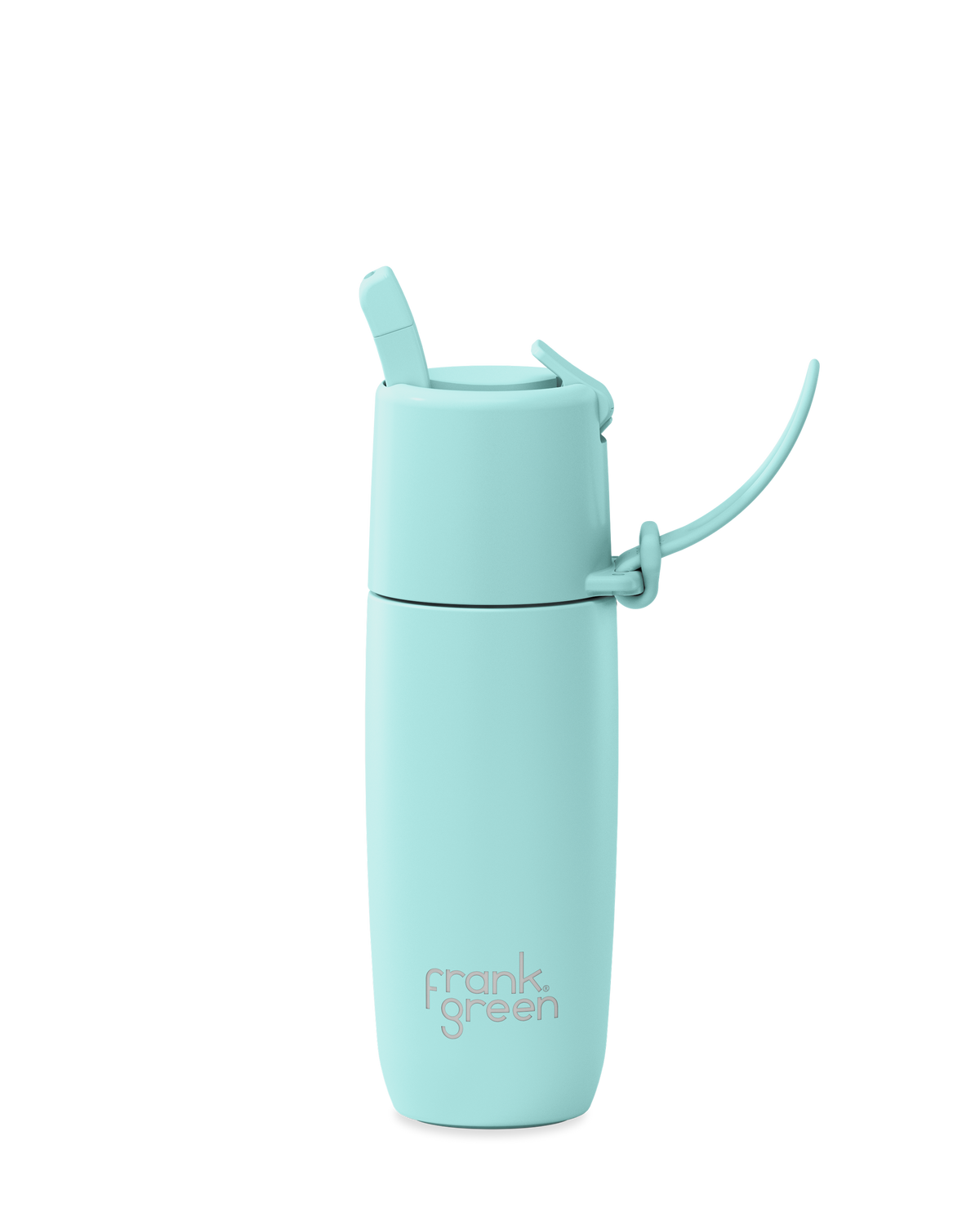 A mint green insulated water bottle with a flip-top lid and carrying loop, featuring the 'frank green' logo near the bottom, set against a plain white background.