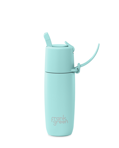 A mint green insulated water bottle with a flip-top lid and carrying loop, featuring the 'frank green' logo near the bottom, set against a plain white background.