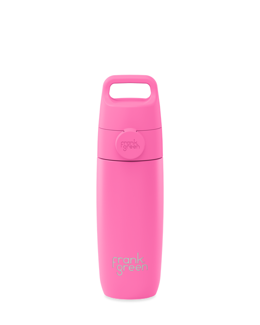 Bubblegum | A bright pink 12oz insulated water bottle with a Grip & Sip lid and built-in carry handle.