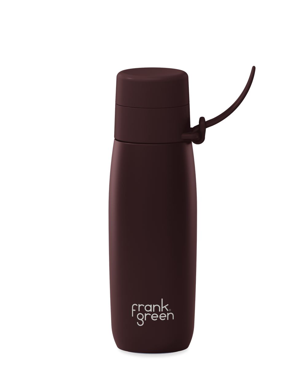 A dark brown 20oz insulated water bottle with a thermal lid and carry strap.