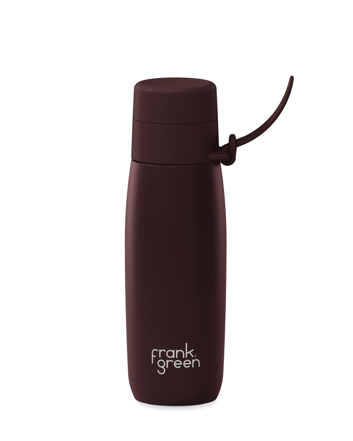A dark brown 20oz insulated water bottle with a thermal lid and carry strap.