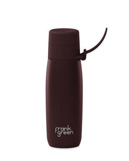 A dark brown 20oz insulated water bottle with a thermal lid and carry strap.