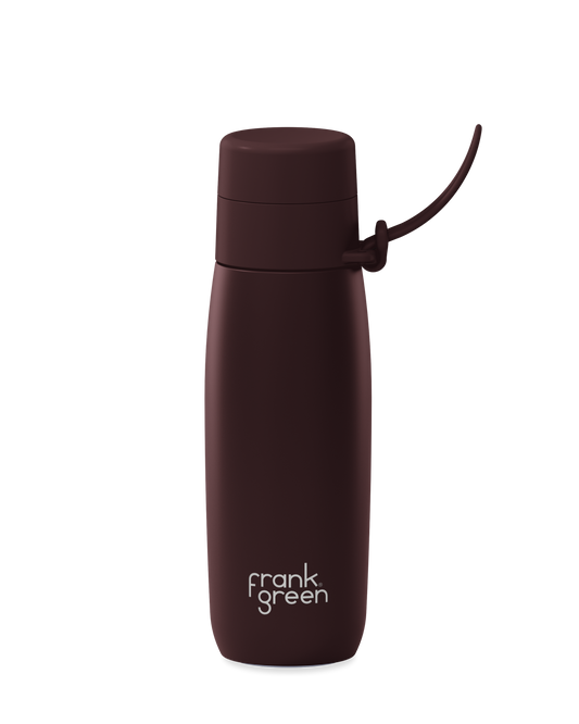 Chocolate | A dark brown 20oz insulated water bottle with a thermal lid and carry strap.