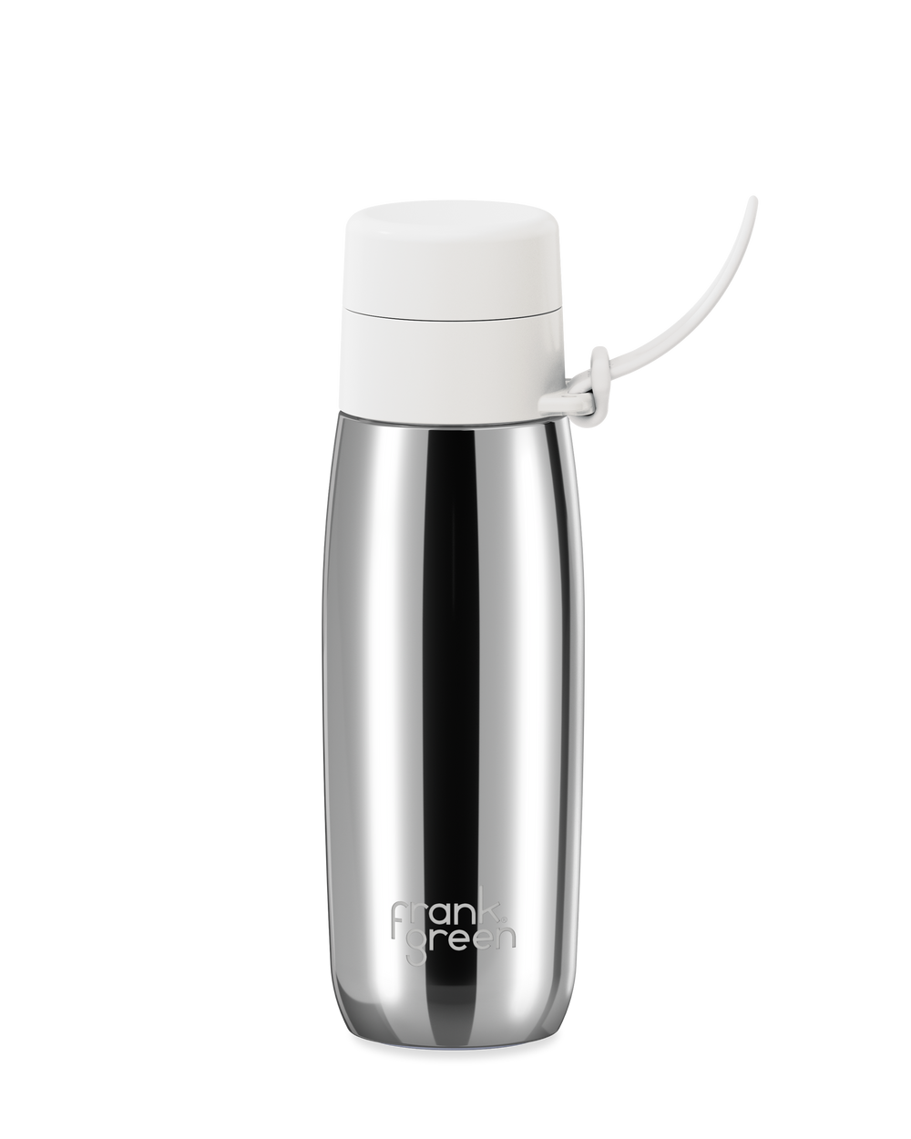 A polished stainless steel 20oz insulated water bottle with a white thermal lid and carry strap.