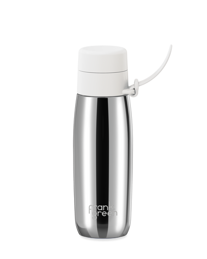 A polished stainless steel 20oz insulated water bottle with a white thermal lid and carry strap.